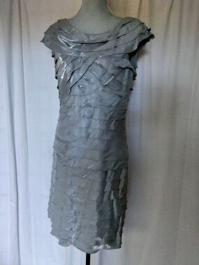 Nina Nischelle  silver-gray metallic shimmer cocktail dress  layered ruffles S12